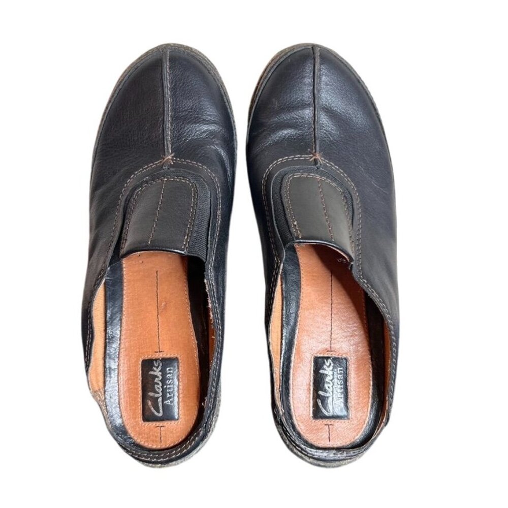Clarks Artisan Women's Black Leather Slip-On Mules Clogs Size 9M **READ